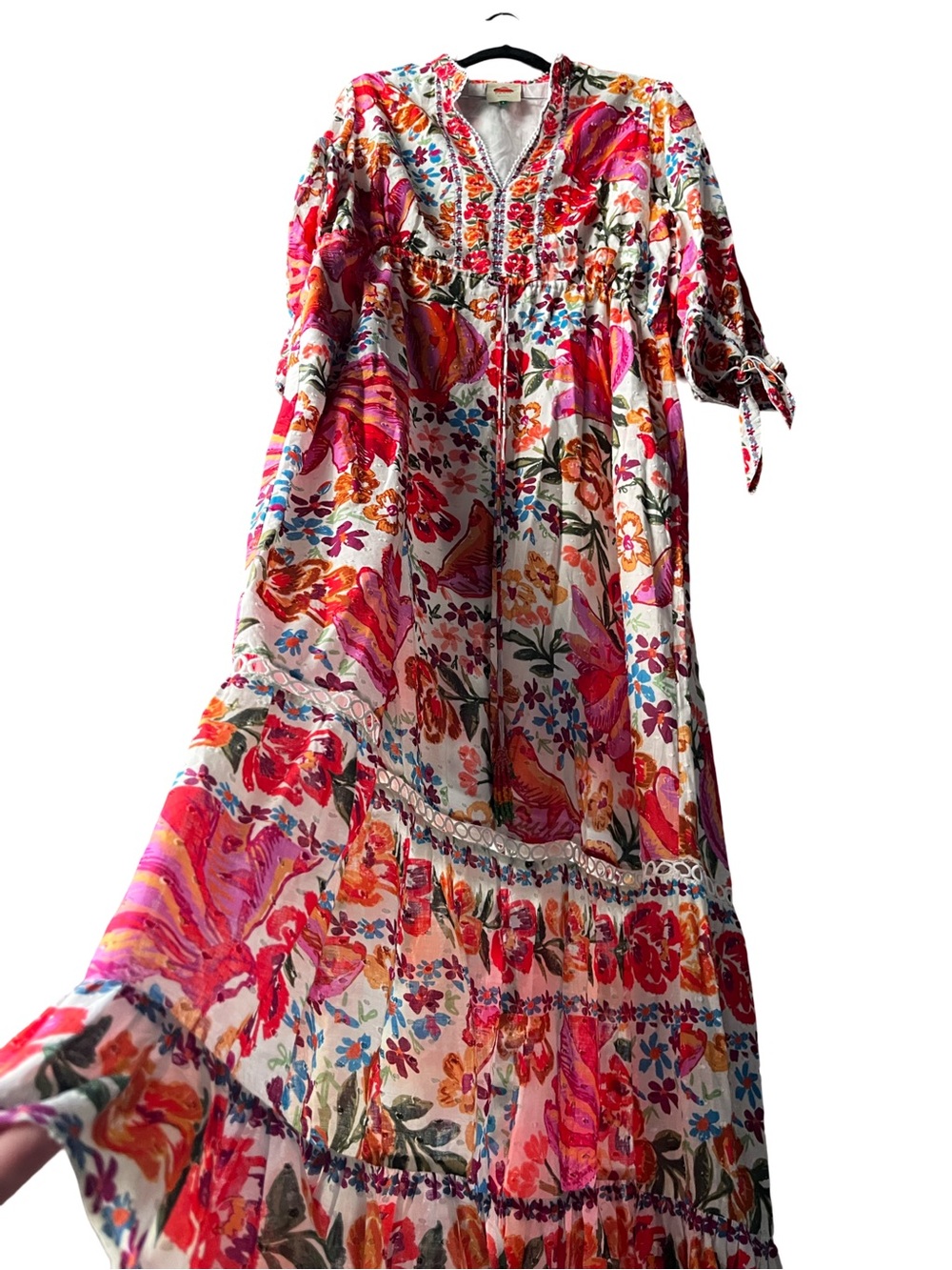 FARM Rio White Maxi Dress with Pink, Orange & Red Floral Motif